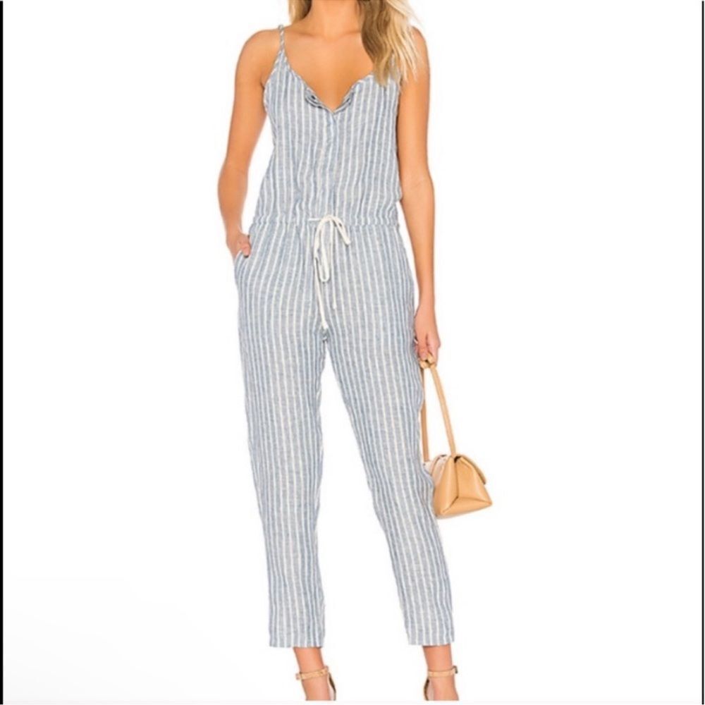 Enza Costa Blue and White Striped Sleeveless Jumpsuit